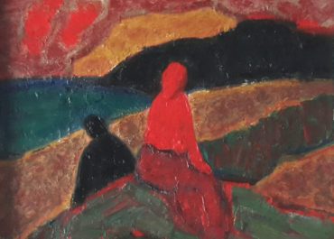 Landscape with woman in red and man in black 70x80