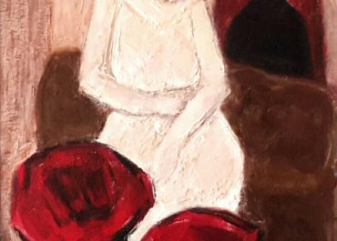 Composition with a red flower in woman in white 70x50